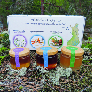 Arktische Honig-Box mit 3 Sorten + Honiglöffel in Geschenkpackung